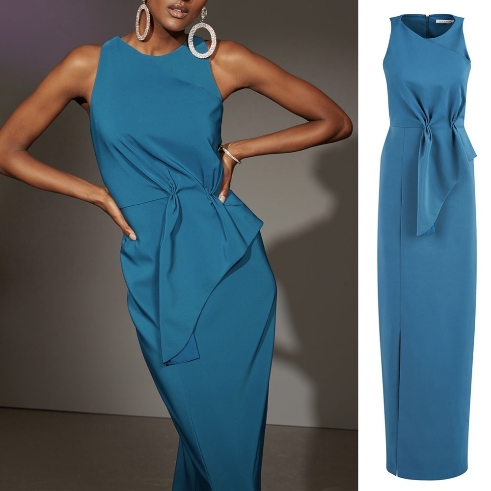 NEW Kay Unger Megan Sleeveless Draped Detail Column Gown in Baltic Blue